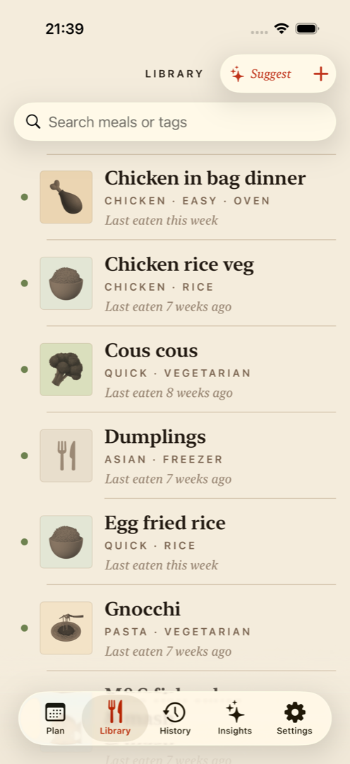 The shared meal library, showing saved meals with completeness markers.